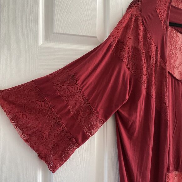 POL Women's Red Lace Long Line Open Lace Cardigan Kimono Robe Large - Picture 2 of 6